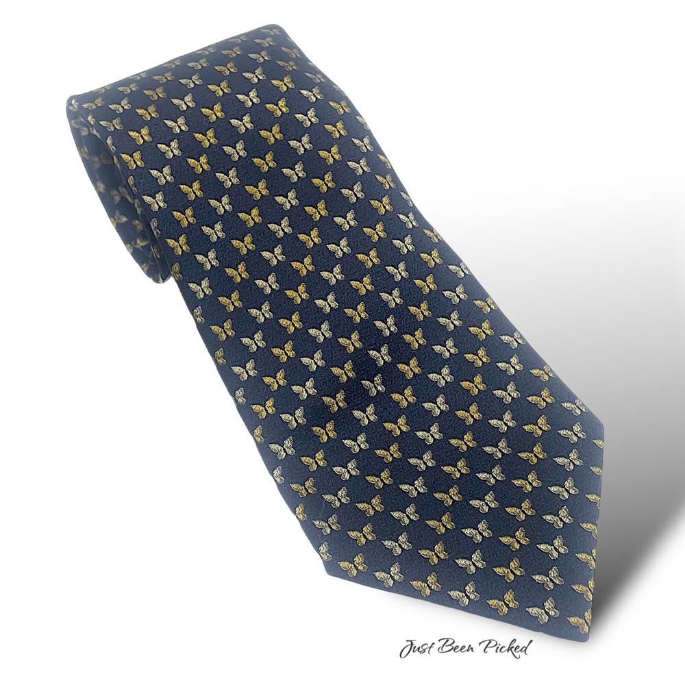 Smithsonian Institution Silk Tie Navy Blue Gold Silver Butterfly Print Necktie - Picture 2 of 3